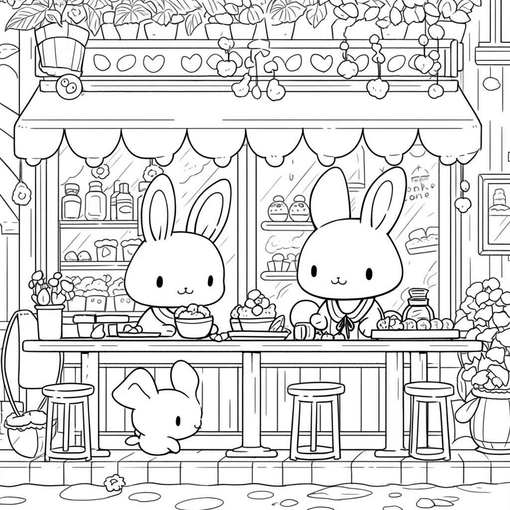 Chibi bunnies in magical cafe, cute and fun.