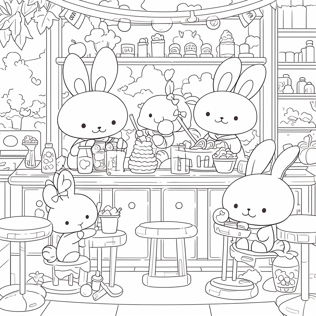 Chibi bunnies working in magical coffee shop.