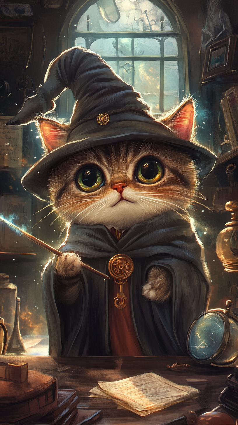 Chibi cat in Hogwarts robe casting spell. Magical setting.