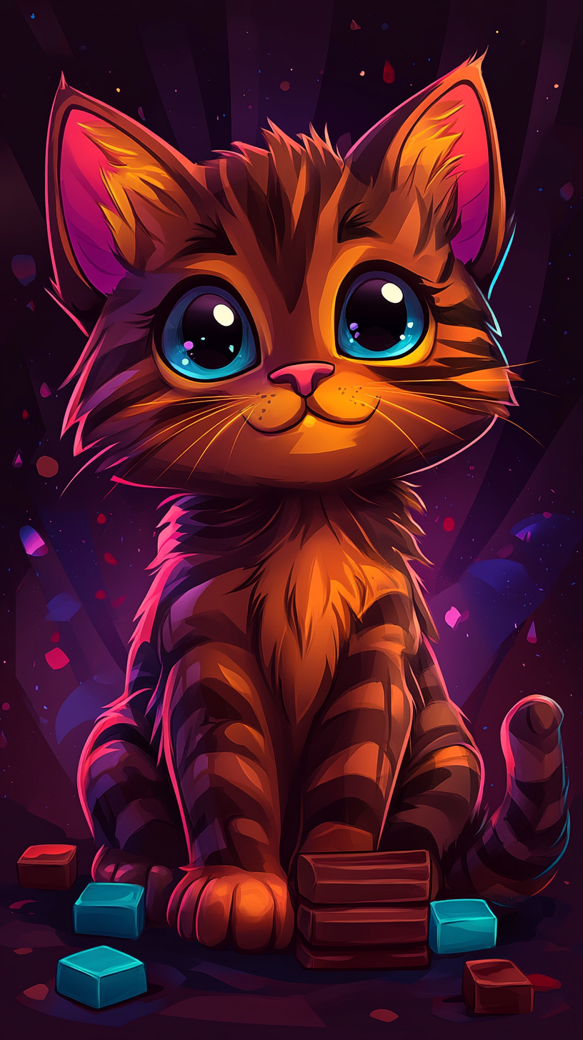 Chibi cat in KitKat colors, playful and vibrant.