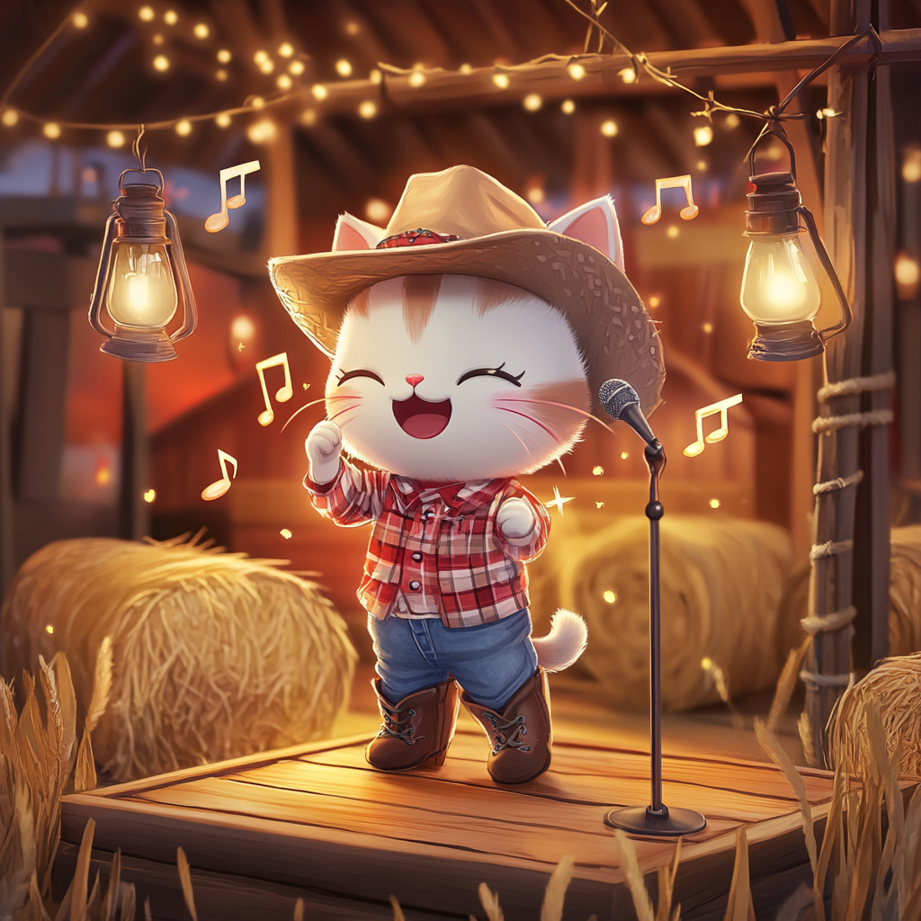 Chibi cat in country outfit sings on stage.