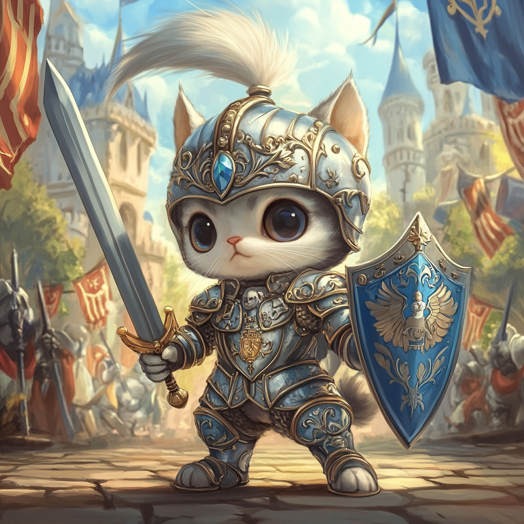 Chibi cat in knight armor with sword and shield.