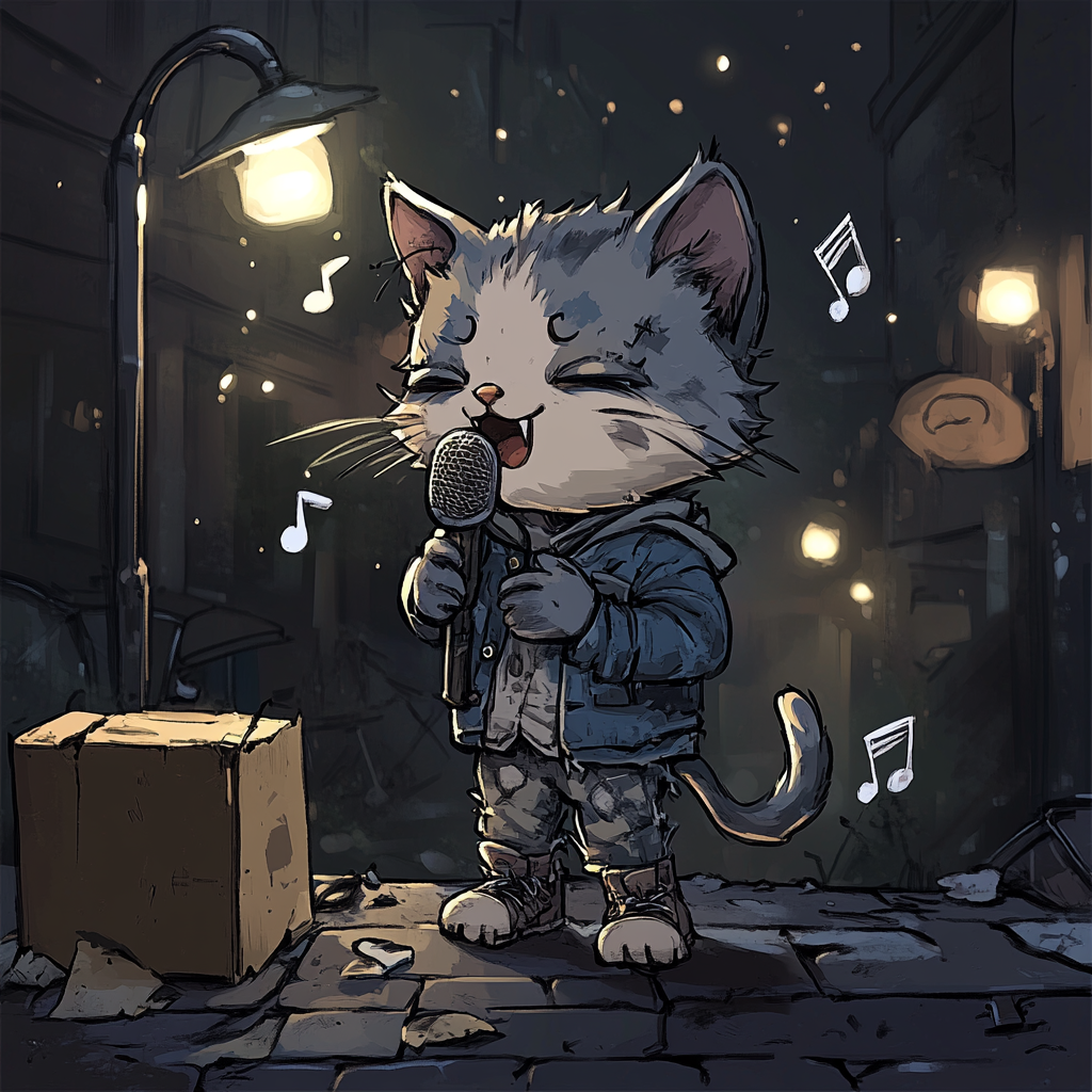 Chibi cat in tattered clothes sings passionately.