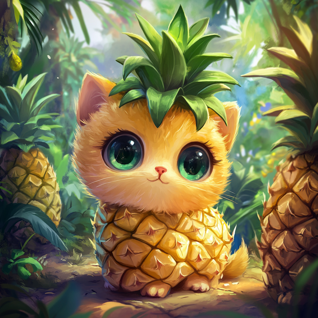 Chibi cat looks like pineapple, colorful tropical garden background.