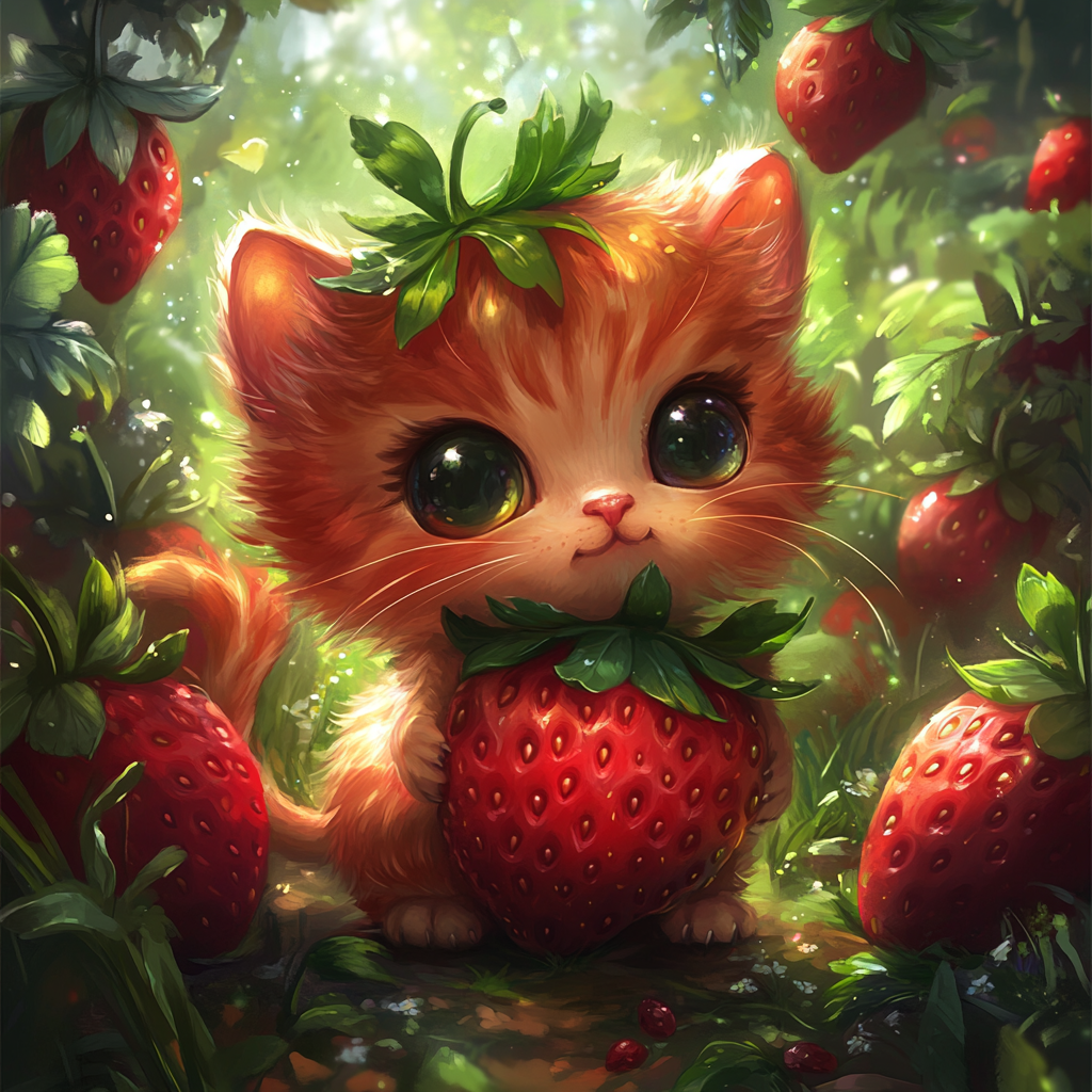 Chibi cat looks like strawberry in magical garden.