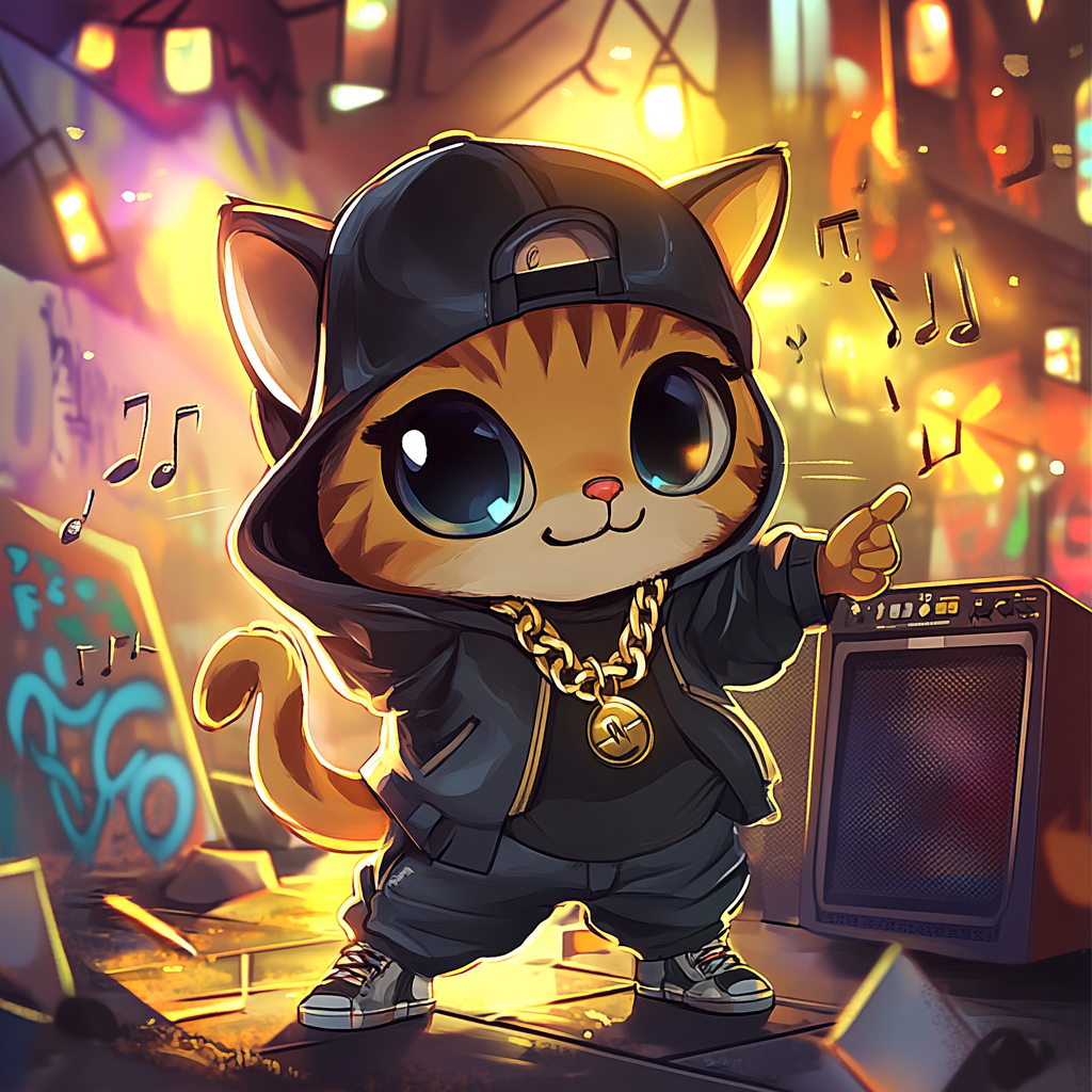 Chibi cat rapper in urban setting, cool pose.