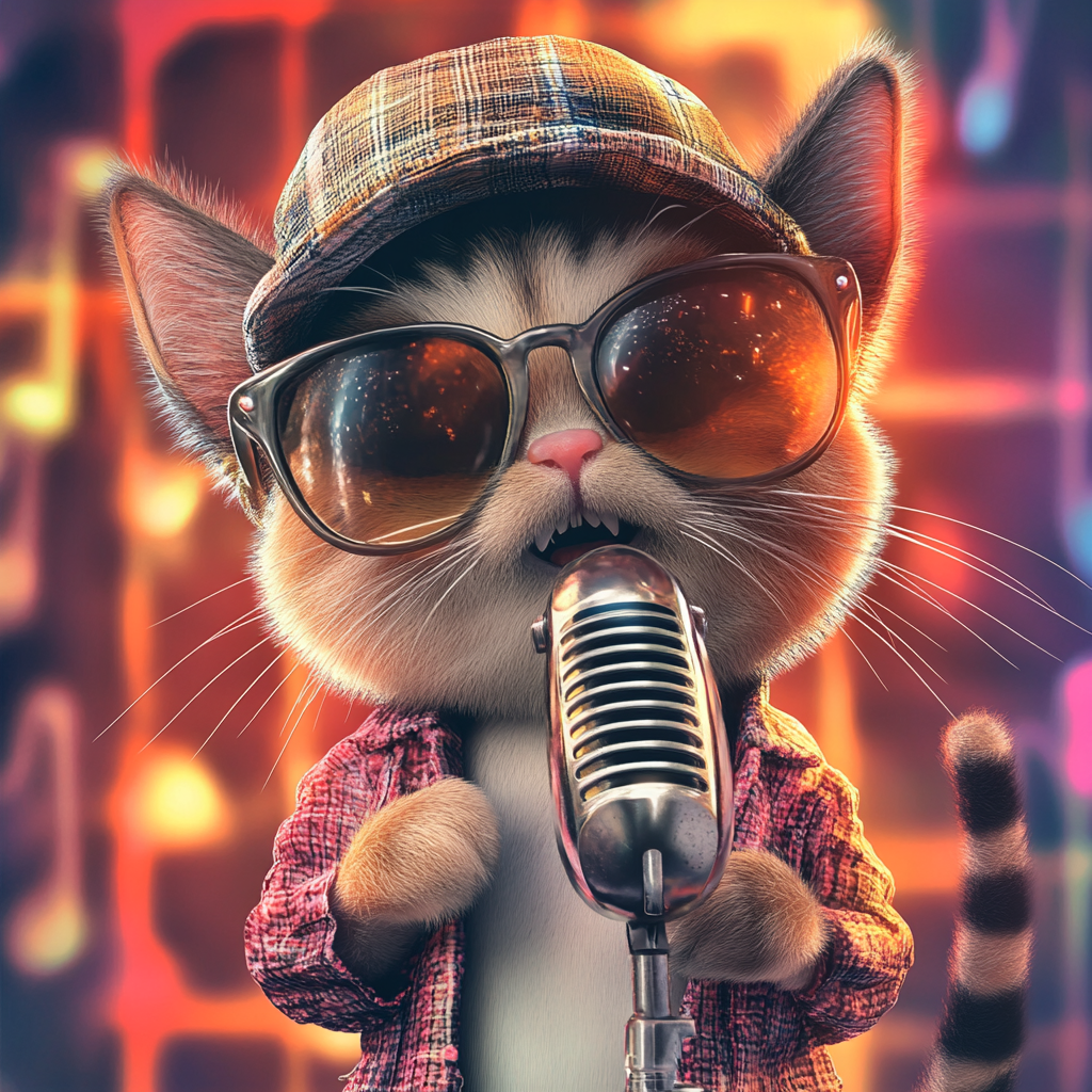 Chibi cat singing humorously with quirky expression.