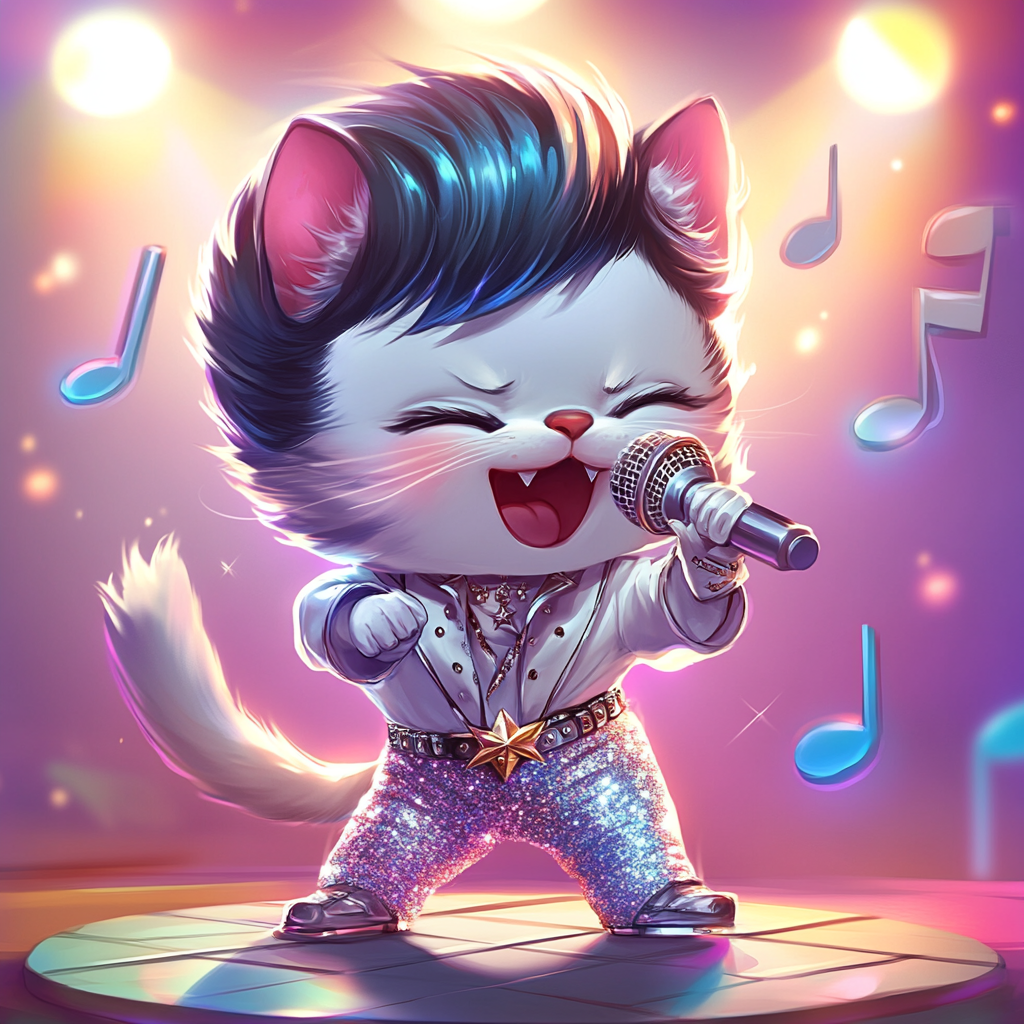 Chibi cat sings with Elvis style, colorful background.