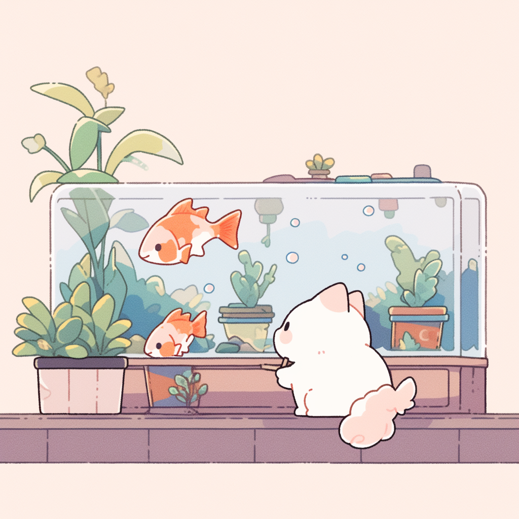 Chibi cat watching fish at aquarium, cozy fall colors.