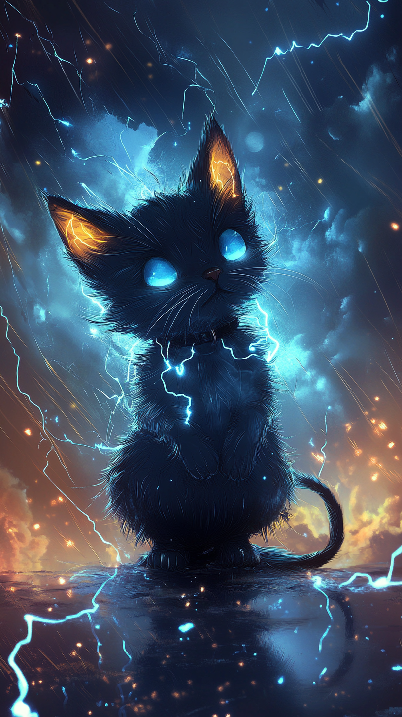 Chibi cat with lightning powers, sparking whiskers, silver fur.