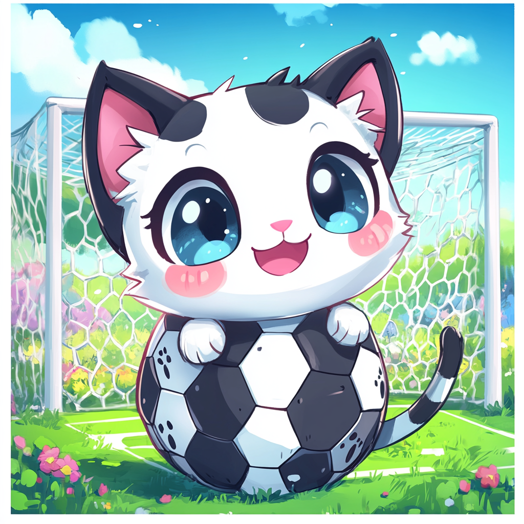 Chibi cat with soccer ball fur, playful eyes.