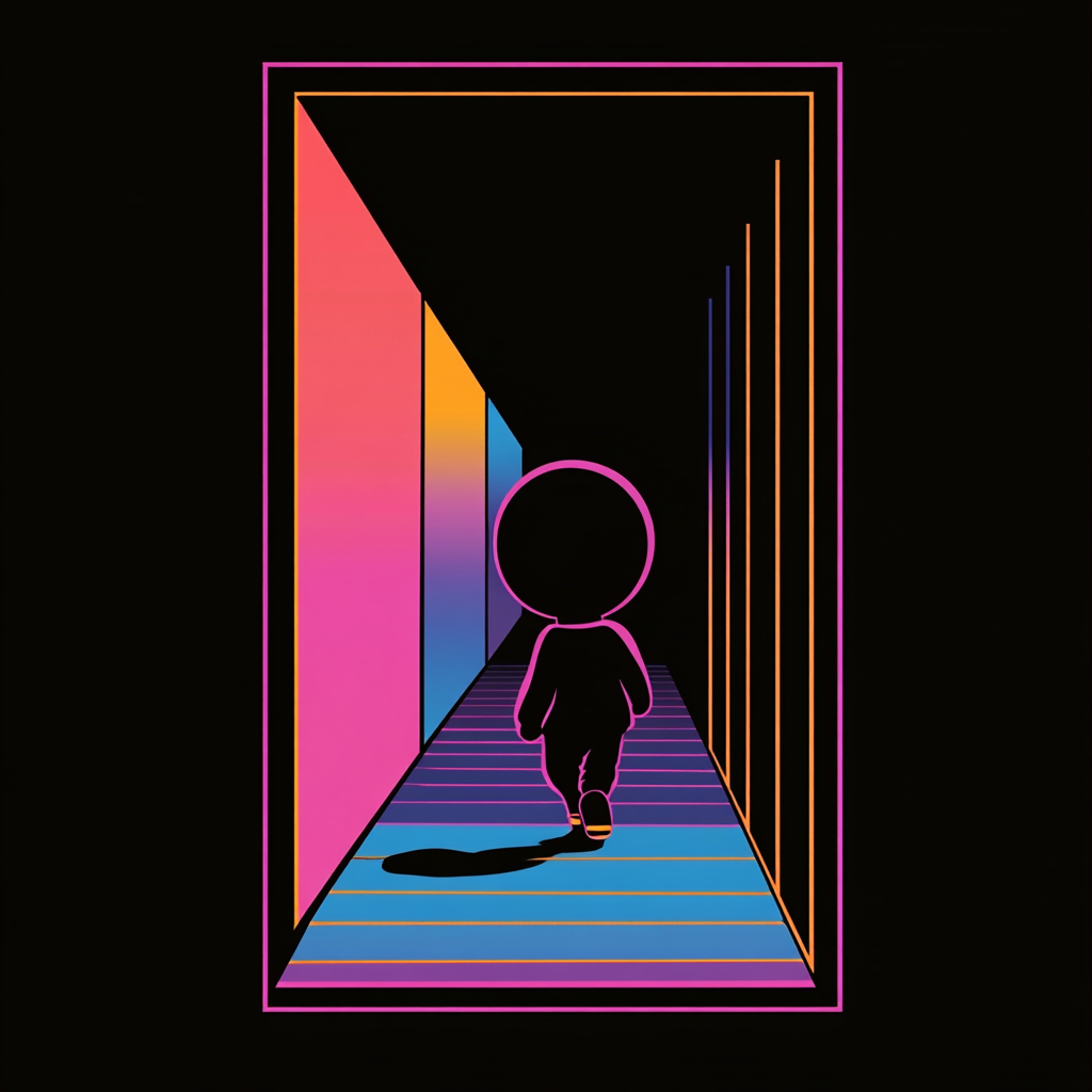 Chibi character silhouette walking through colorful door frame