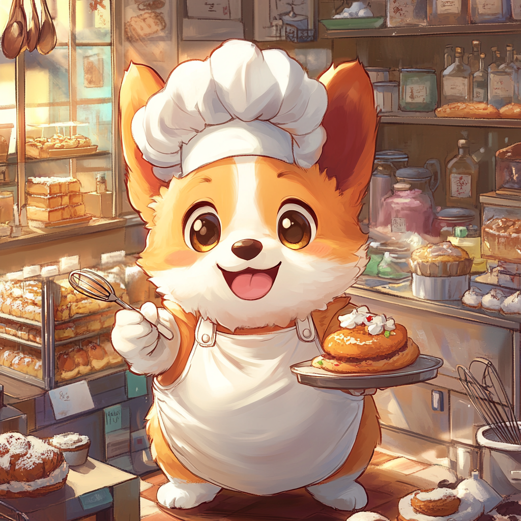 Chibi corgi in chef outfit with baked cookies.