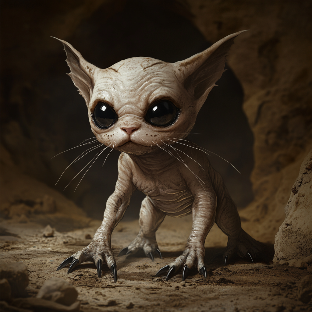 Chibi creature resembles hairless cat, mole in dark setting.