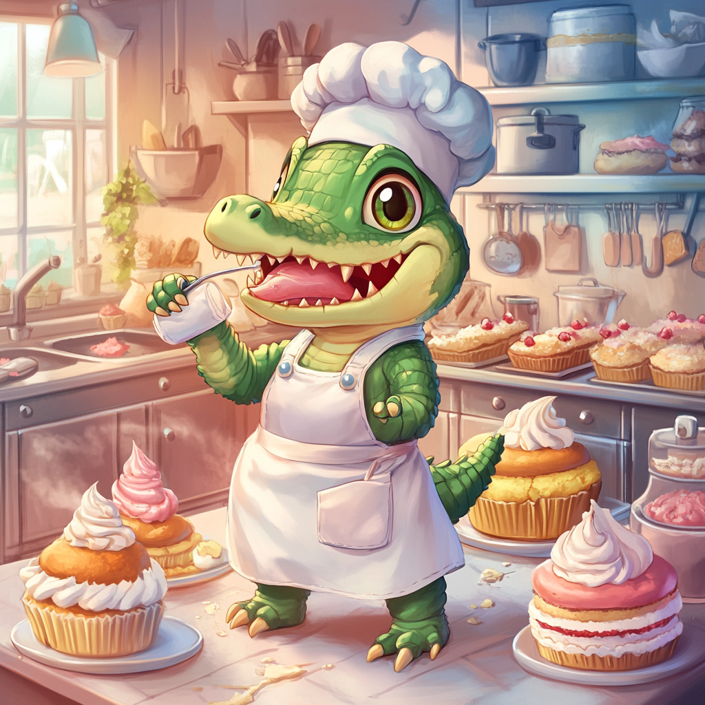 Chibi crocodile chef decorates cake in bakery kitchen.