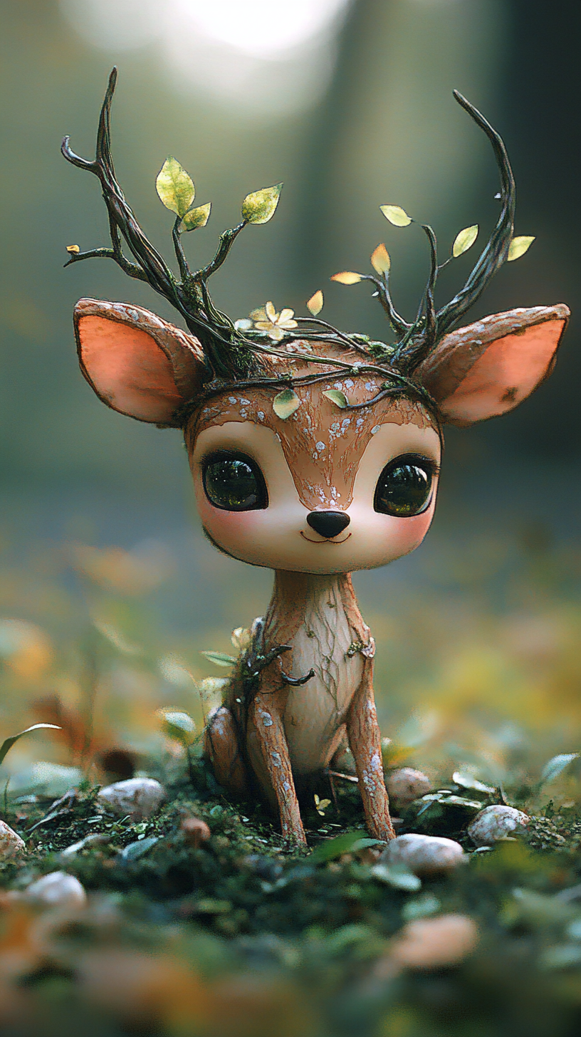 Chibi deer with earth powers, mossy legs emerging from ground.