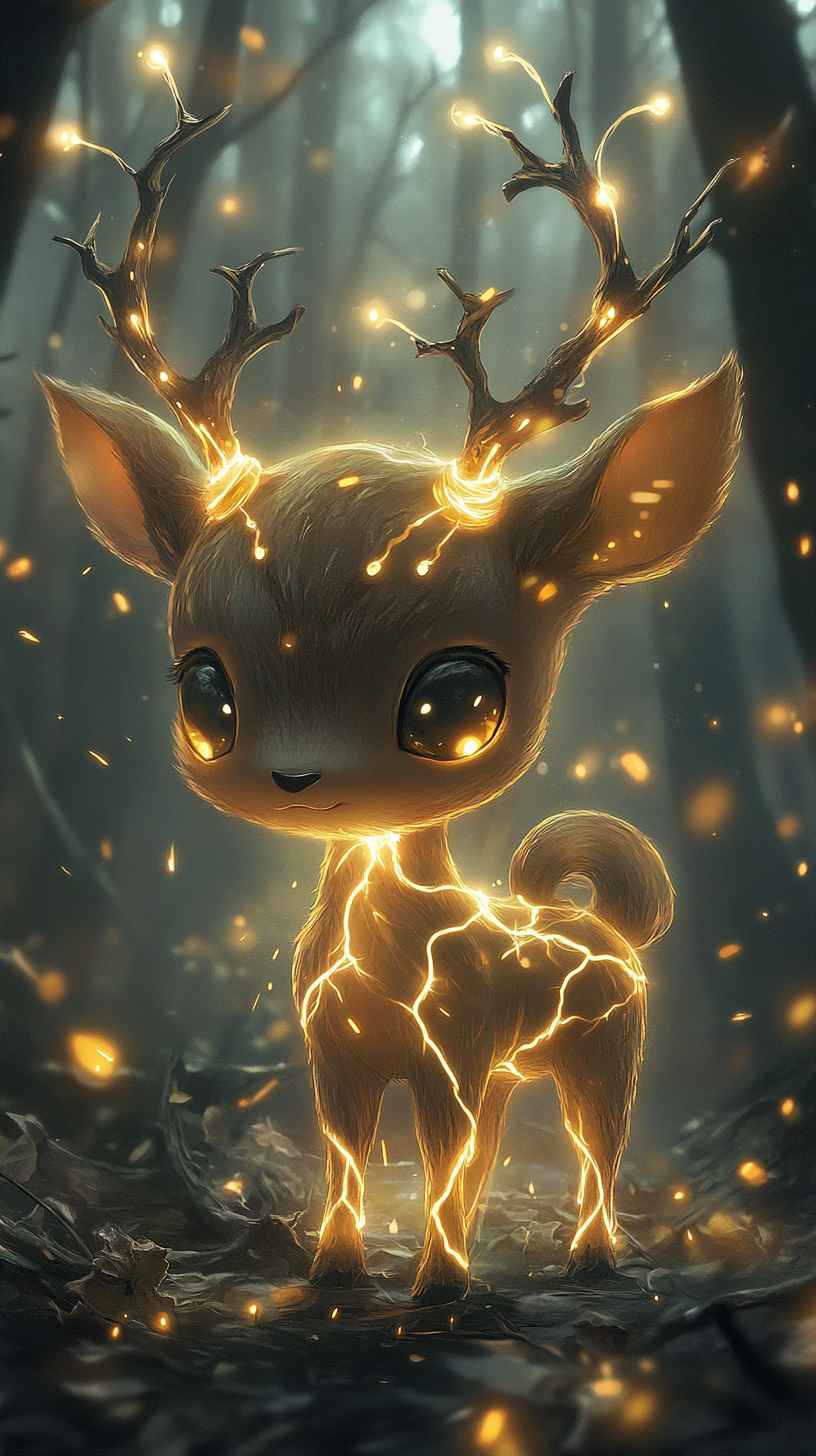 Chibi deer with lightning powers, sparking antlers, glowing eyes.