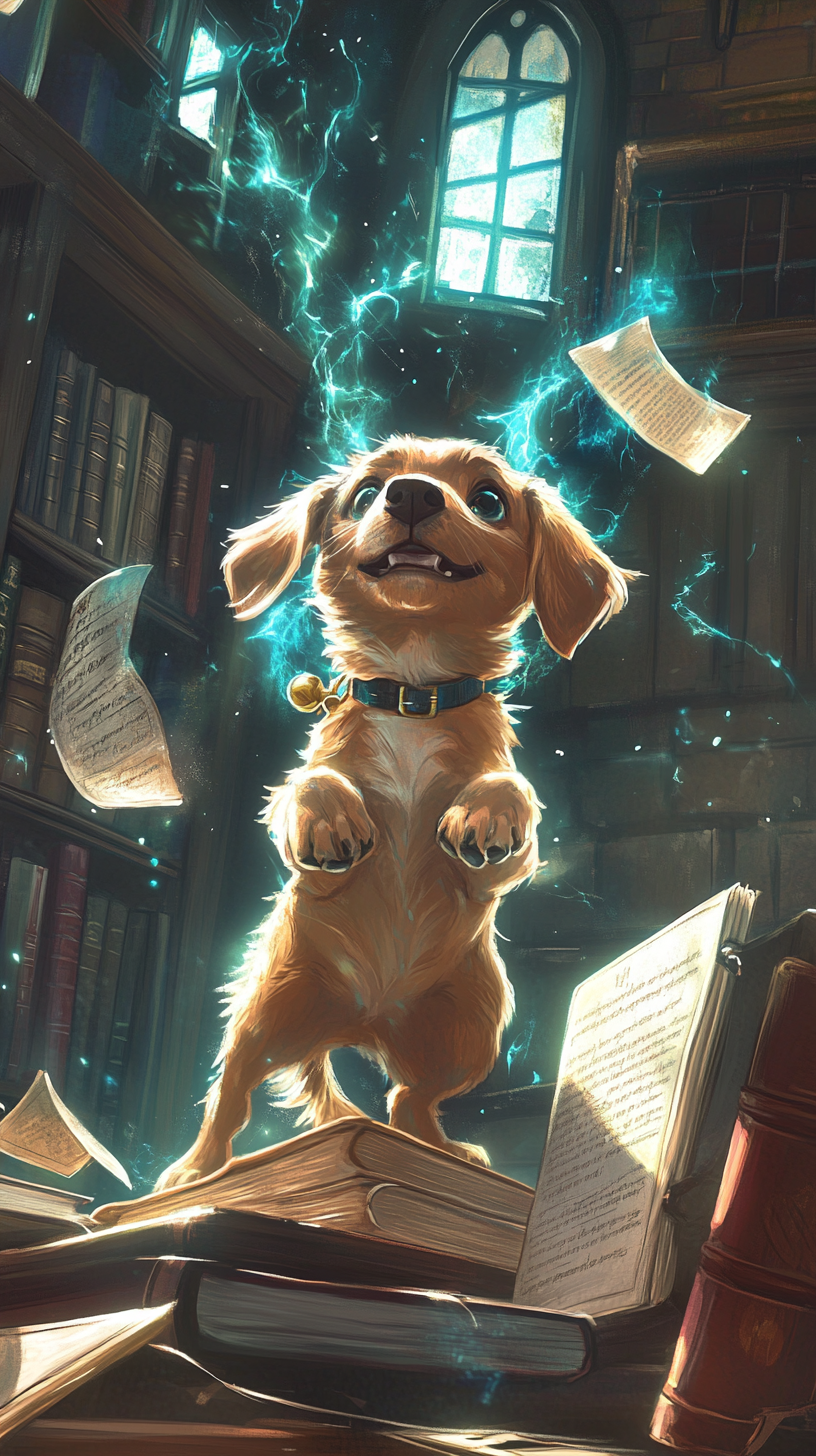 Chibi dog practices transfiguration in Hogwarts classroom.