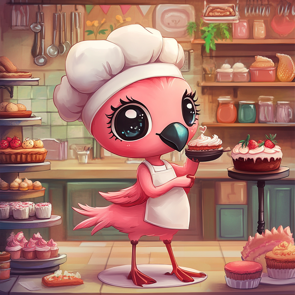 Chibi flamingo in chef attire decorates cake artistically.