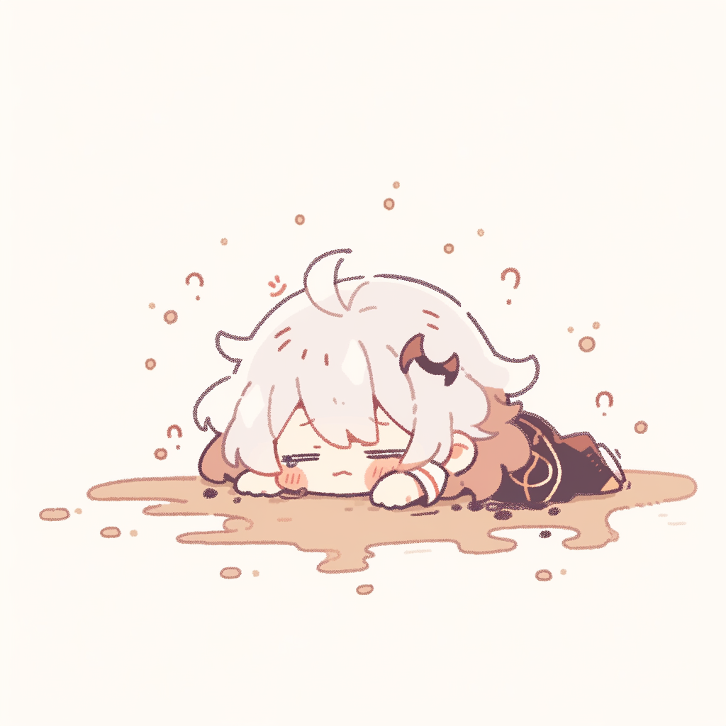 Chibi girl cries over spilled coffee in doodle style.