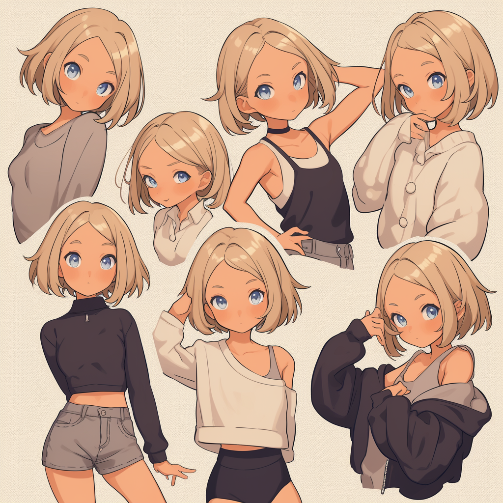 Chibi girls with different hairstyles and outfits posing