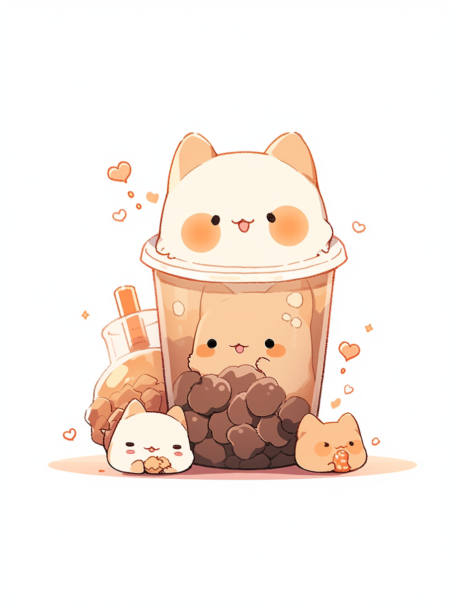 Chibi kitty enjoying a milk tea with tapioca balls.