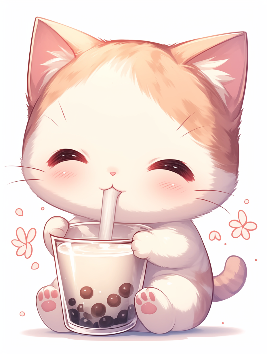 Chibi kitty enjoying milk tea with tapioca balls, cartoon.