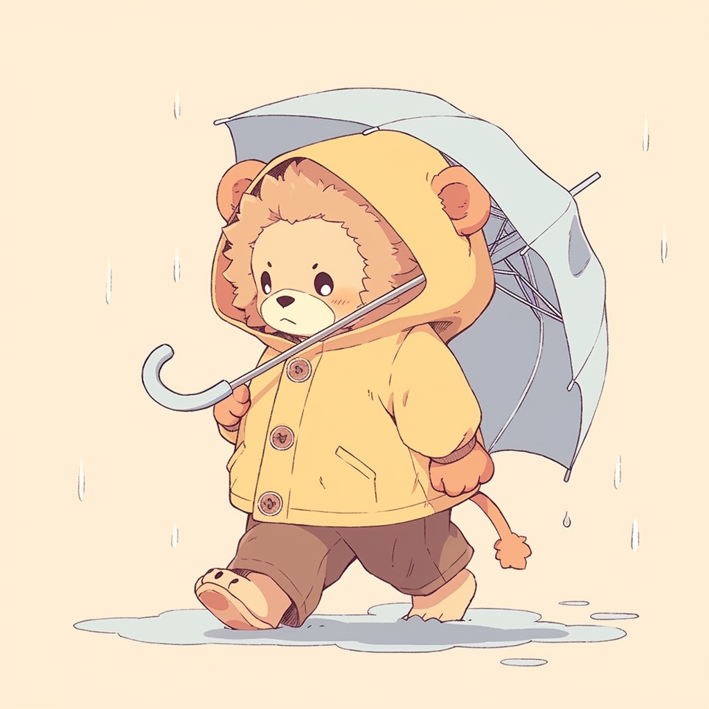 Chibi lion cub in raincoat and umbrella walking home.