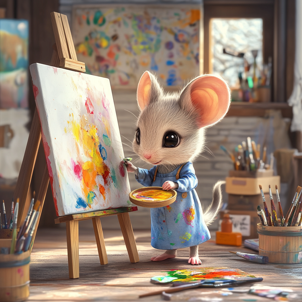 Chibi mouse artist painting colorful scene in studio.