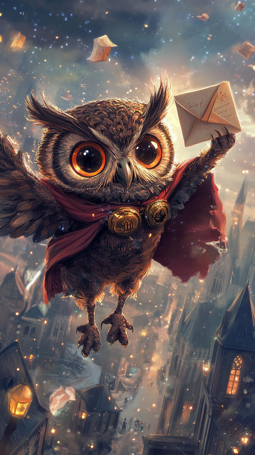 Chibi owl flying over Hogwarts castle with letter in beak.