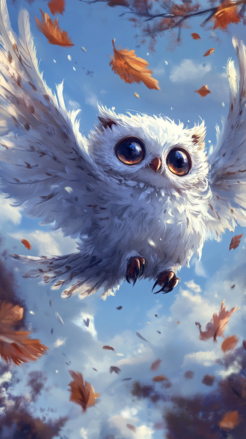 Chibi owl with wind powers, light feathers swirling gently.