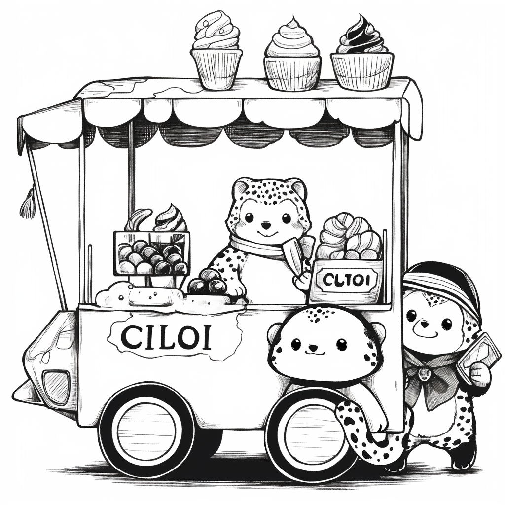 Chibi penguin serves ice cream to lion and leopard.