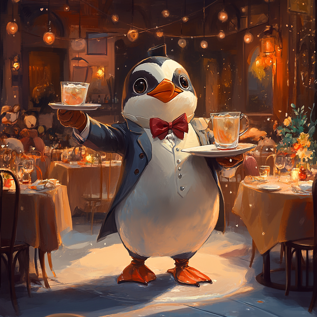 Chibi penguin waiter serves drinks and dishes gracefully.