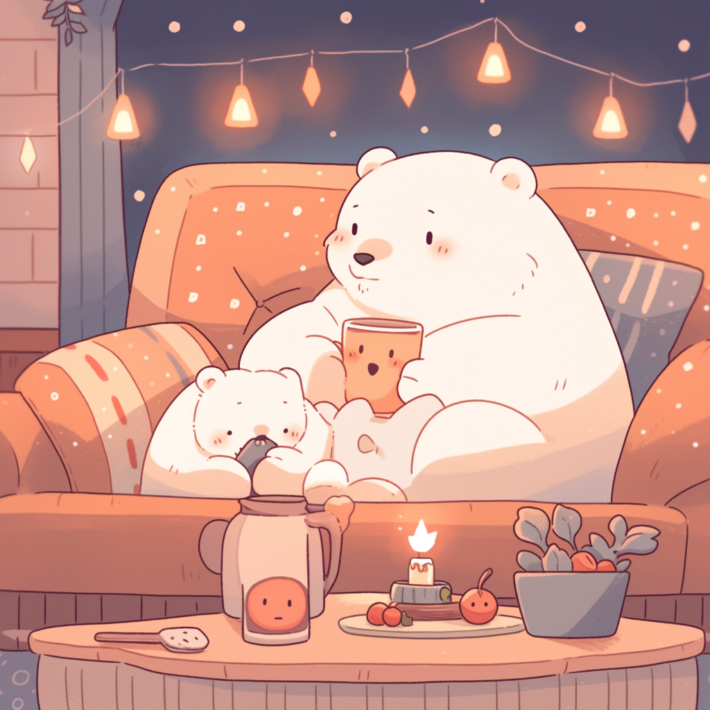 Chibi polar bear and cub watch movie with cocoa.