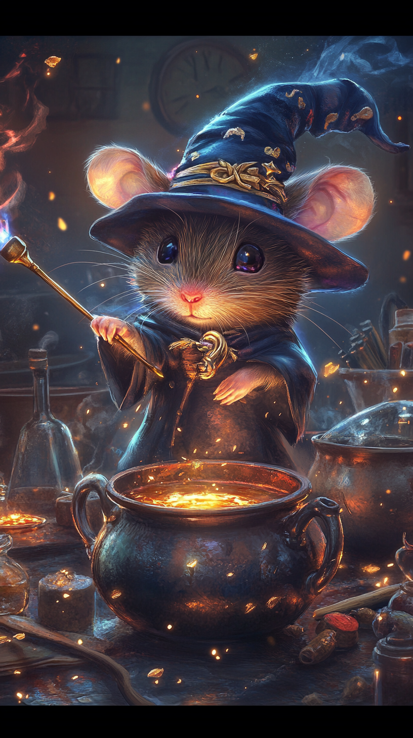 Chibi rat with magical accessories explores potion lab.