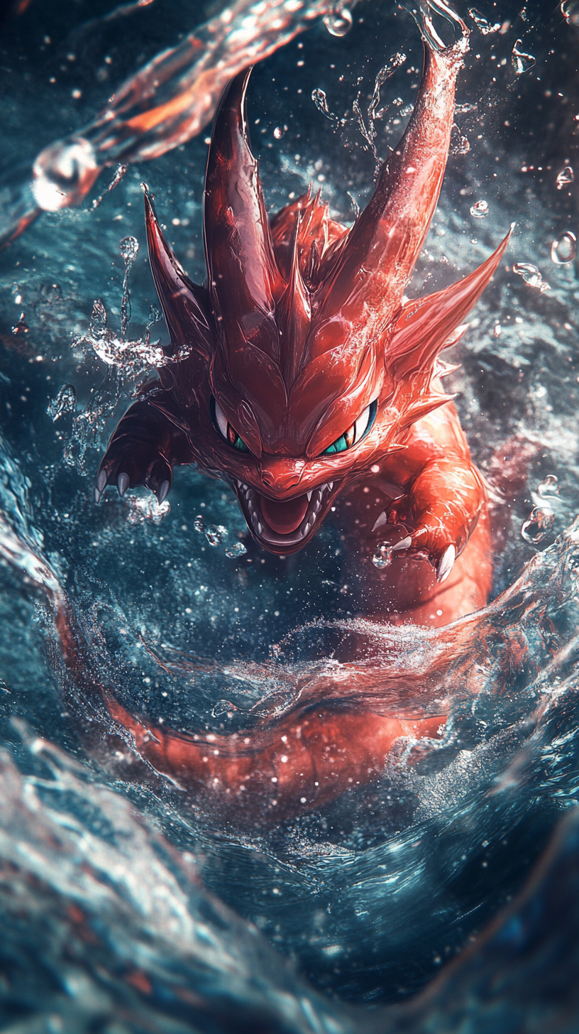 Chibi red Gyarados in glowing water with mystical aura.