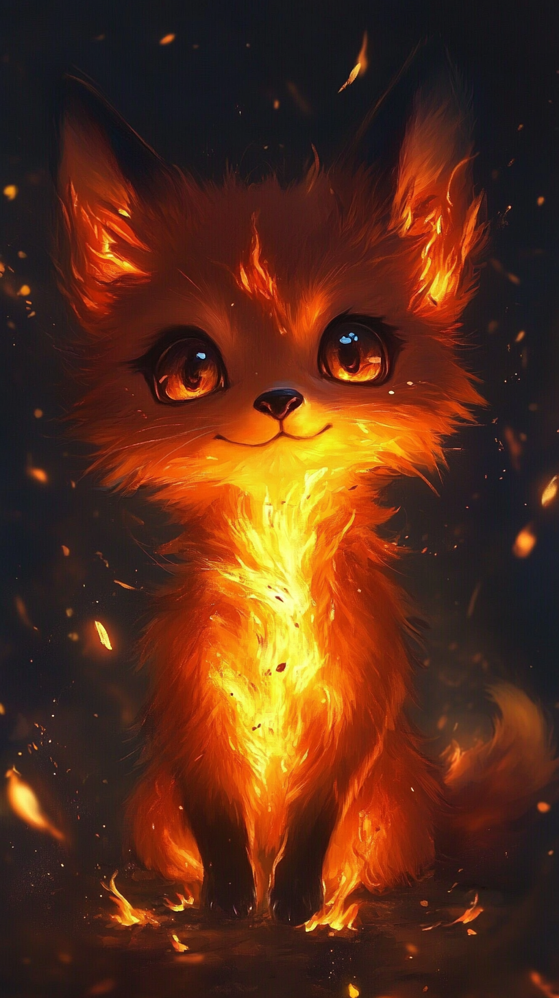 Chibi red fox with fiery powers, eyes like flames.