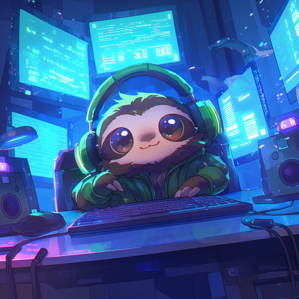 Chibi sloth hacker in headphones at computer, glowing screens.