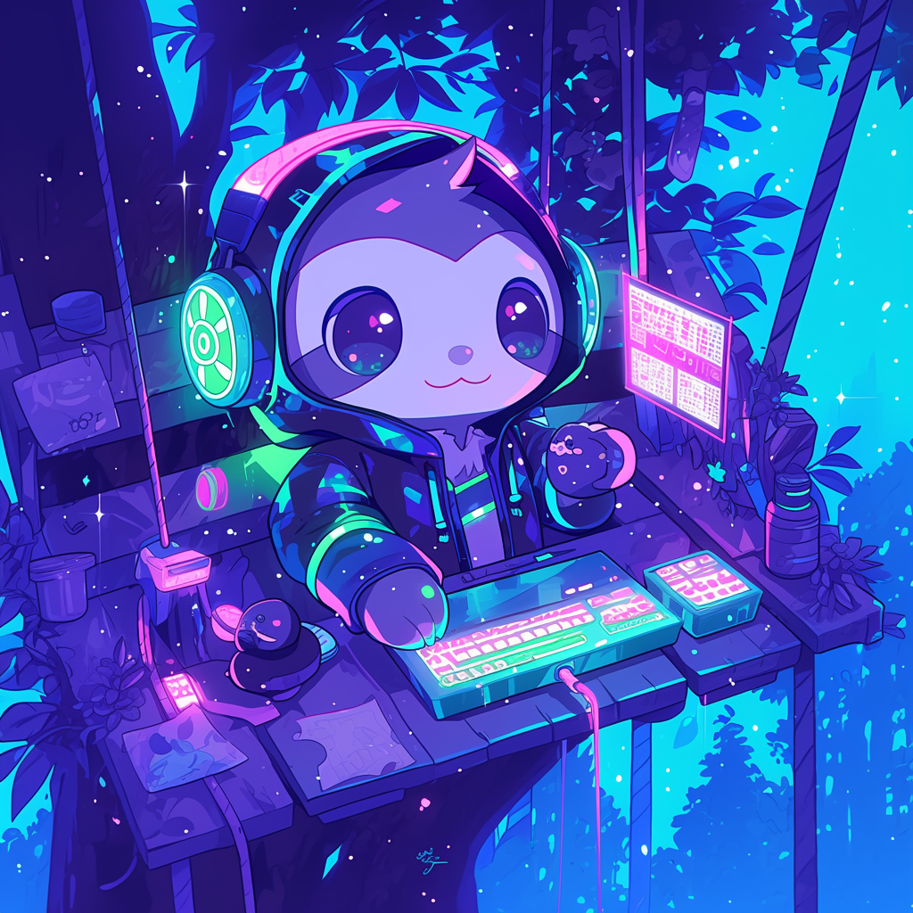 Chibi sloth hacker in tech treehouse with neon lights.