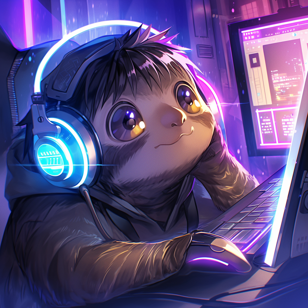 Chibi sloth hacker with oversized headphones at glowing computer.