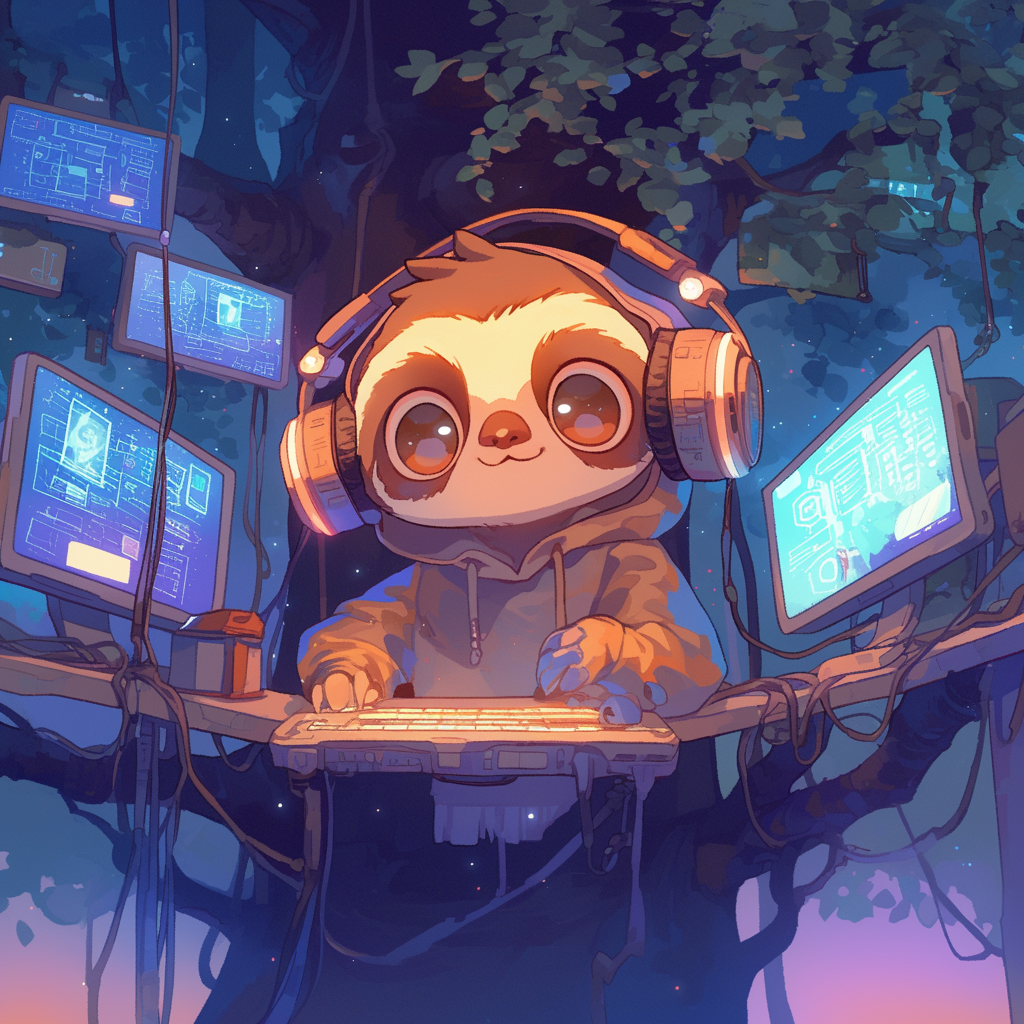 Chibi sloth in hoodie and headphones hacking in treehouse.