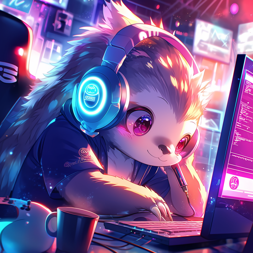 Chibi sloth with headphones, hacker aesthetic, glowing screens.