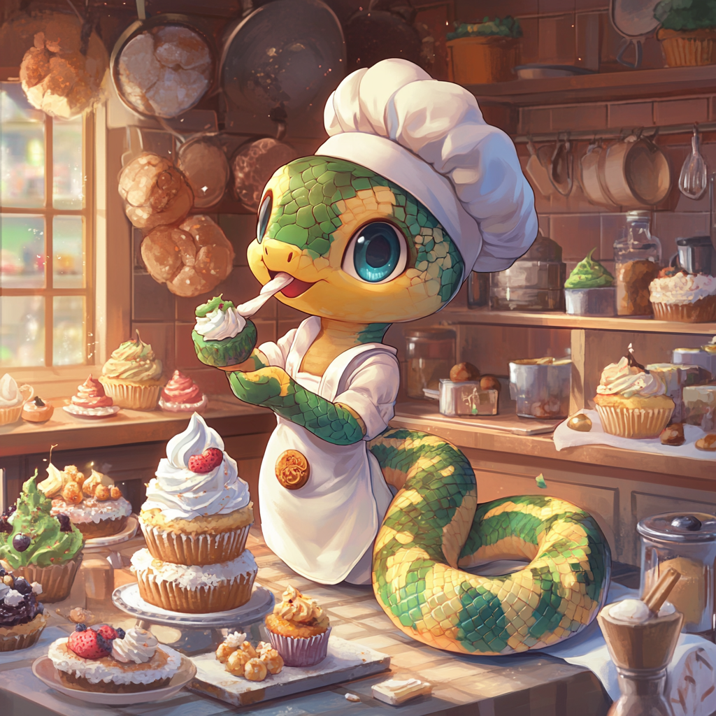 Chibi snake, chef outfit, baking in cute kitchen.