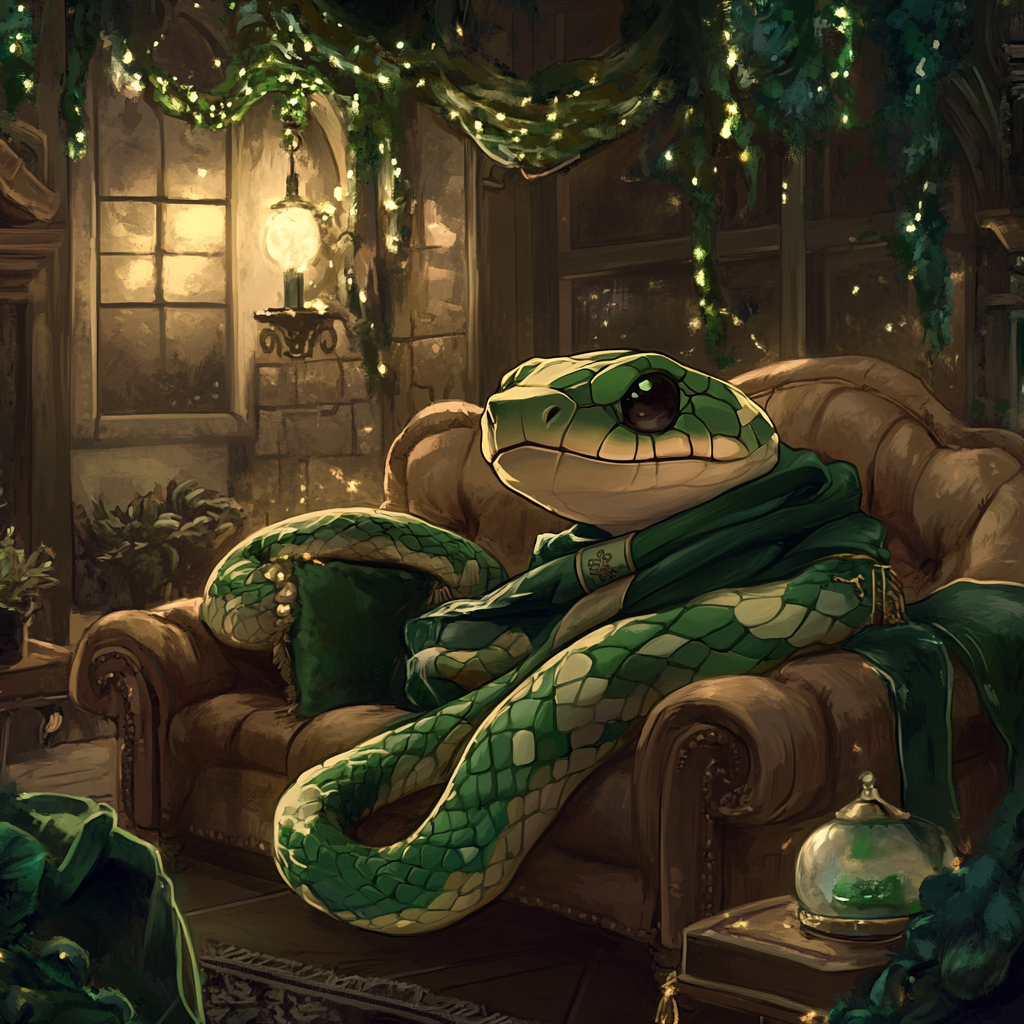 Chibi snake at Slytherin common room wearing Hogwarts scarf.