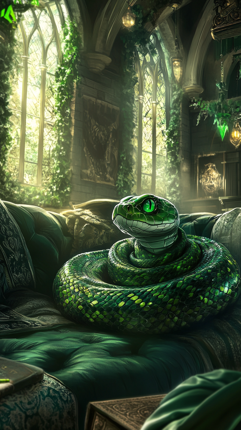 Chibi snake in Slytherin common room on couch.