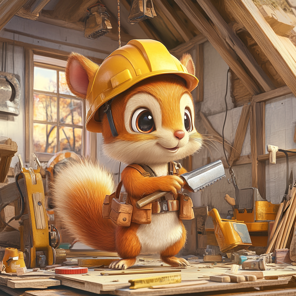 Chibi squirrel engineer building wooden cabin with tools.