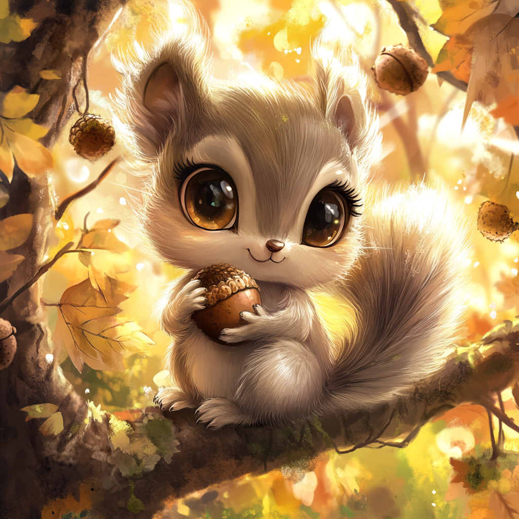 Chibi squirrel with fluffy fur, big bushy tail