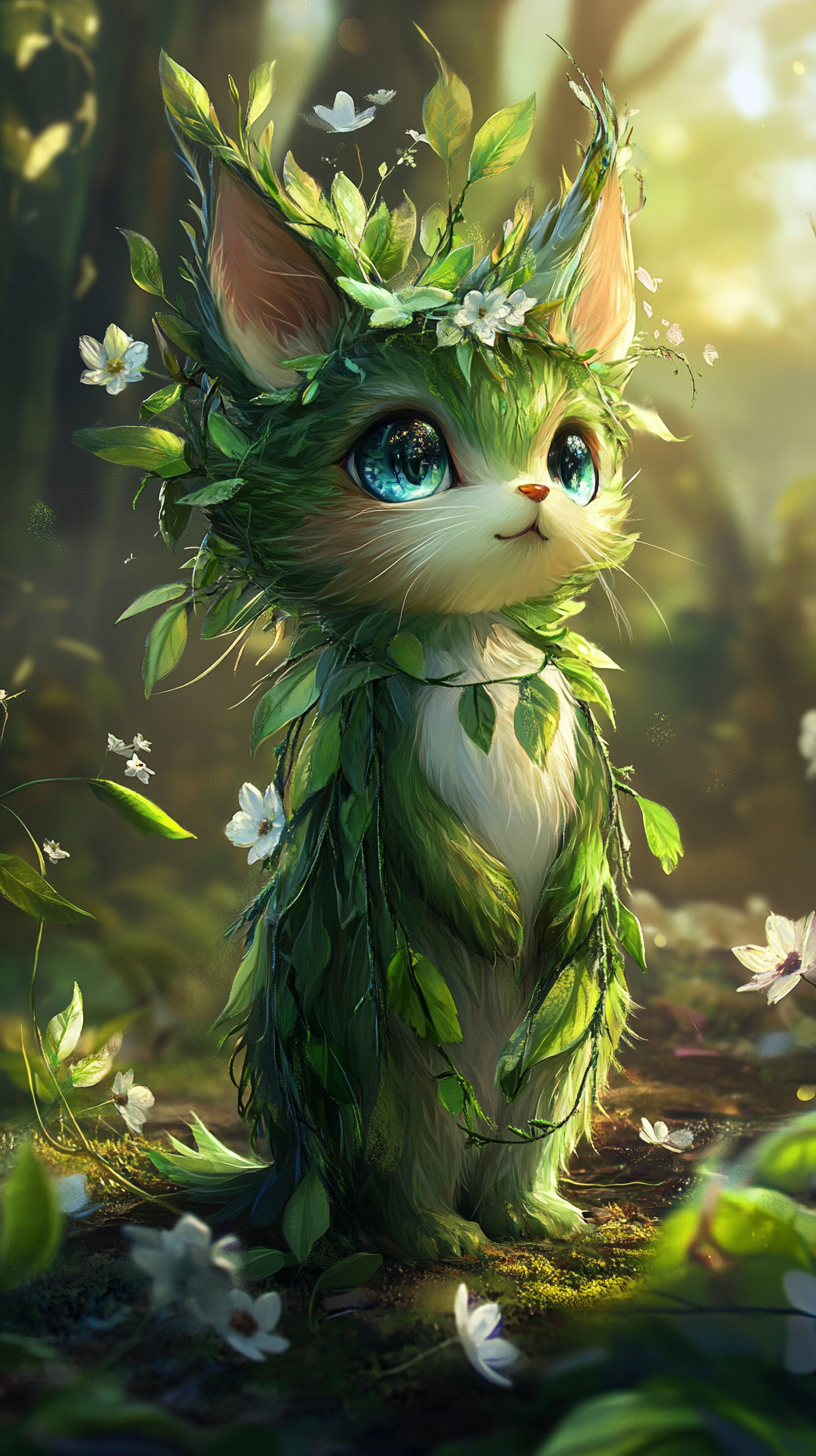 Chibi squirrel with natural powers, leaf-flecked fur, emerald eyes. Roots, vines, petals surround. Forest background, 8K quality.