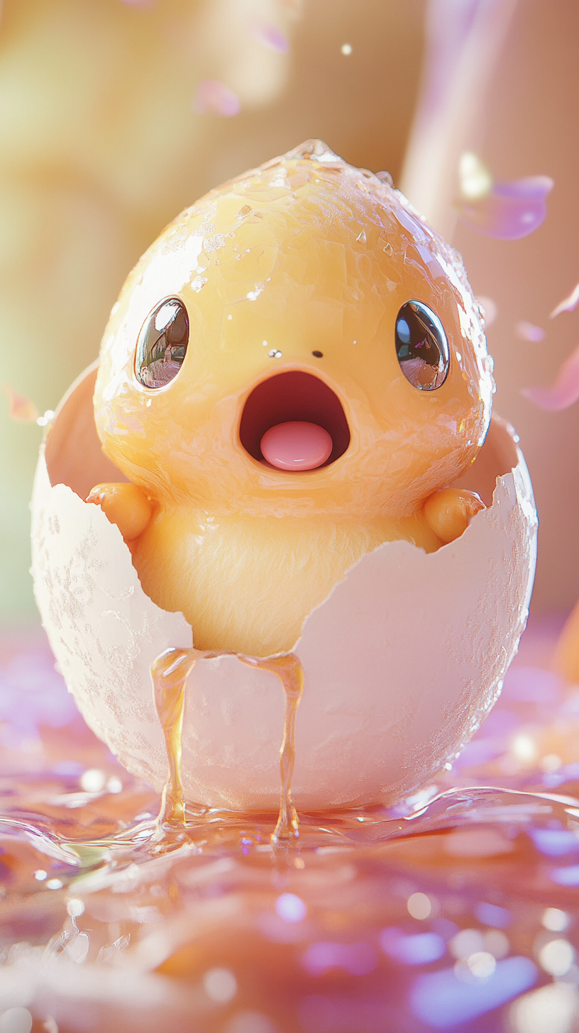 Chibi-style Psyduck emerging from cracked egg in pastel tones.