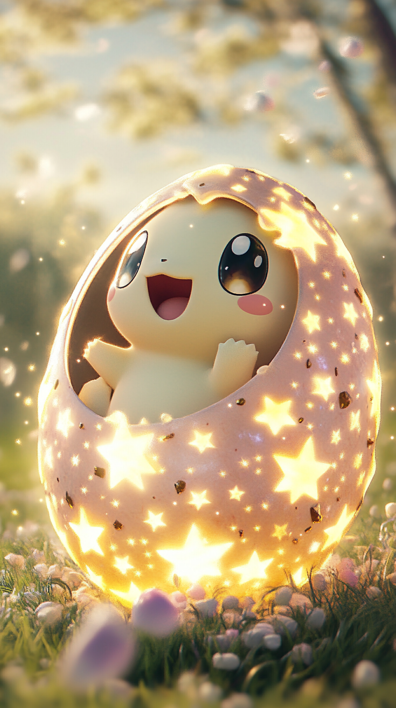 Chibi-style Togepi hatching from decorated, glowing egg in meadow.